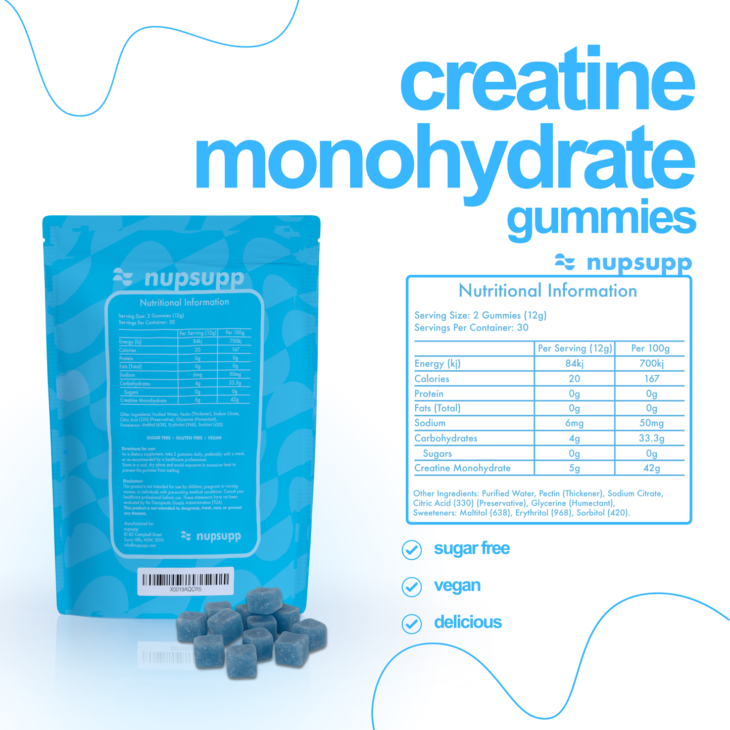 Creatine Monohydrate Gummies, 5g Creatine in 2 Gummies
