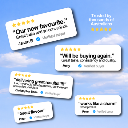 Five white review cards with customer testimonials and star ratings are arranged on a blue sky background with clouds. Text on the image says 'Trusted by thousands of Australians'.

customer review for npsupp creatine gummies